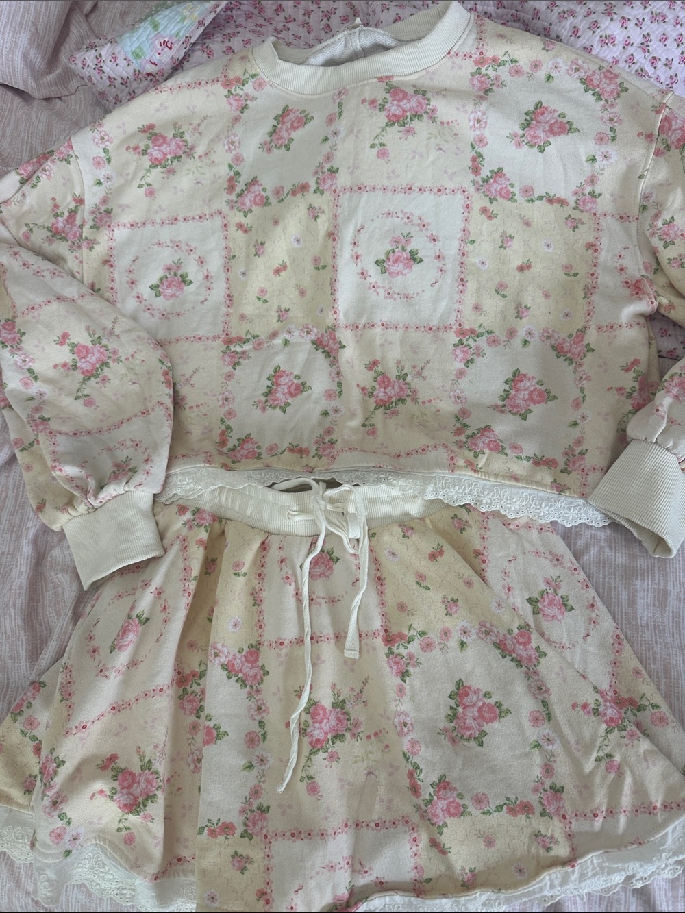Cream and Pink Floral Women's Shorts Pajama Set